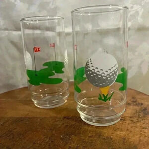 Vintage Set of 2 Golf Tumblers, 19th  Hole, Highball Retro Glassware